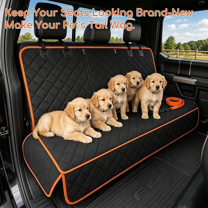 Car Back Seat Cover, Waterproof Non-Slip Pet Rear Seat Protector with Side Flaps, Scratchproof Oxford Cloth Pet Bench Backseat Cover for Most Vehicles, Car Accessories (Black & Orange) - Image 6