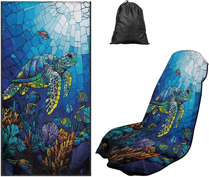 Sea Turtle Print Car Seat Towels for Front Seats Coral Print Towel Bucket Seat Covers with Storage Bag 60 x 33 Inch Absorbent Athletic Towels for Car Seats, Blue by Baxinh