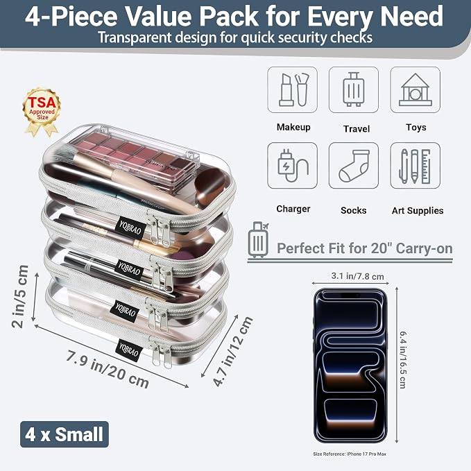 YQBRAO Clear Hard Shell Zipper Cases, 4 Small Cable Organizers, Grey | Rigid 1.2 mm PET and YKK dual zippers for cosmetics, charging cords, pens and travel accessories - Image 4