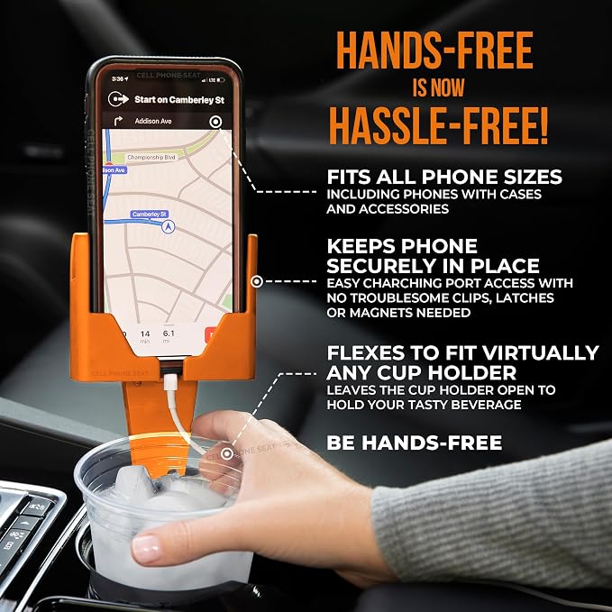 Cup Holder Phone Holder Mount for Car - Universal Adjustable Expander Cradle Hands-Free Driving - Compatible with All Smartphones iPhone Samsung Google Android Orange - Image 2