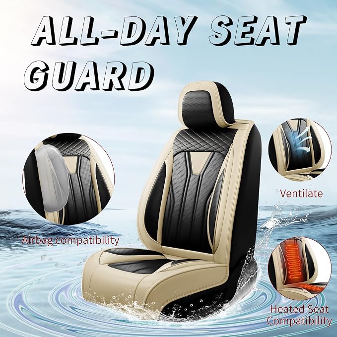 Fit Sienna Premium Leather Car Seat Covers for Toyota Sienna 2007-2025 2026 - Waterproof，Breathable，All-Weather Seat Cushion Protecto & Airbag Compatible, 2 Front Seat Beige&Black - Image 2