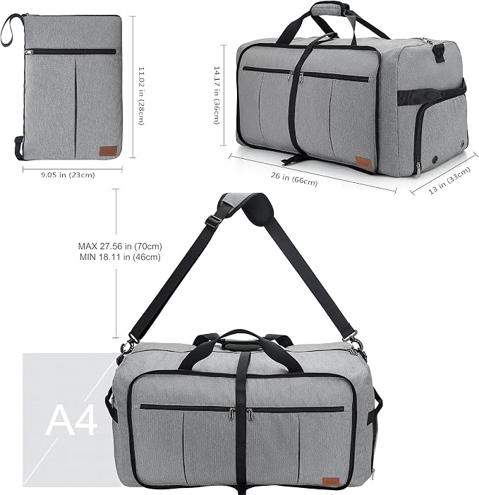 80L EXTRA LARGE Foldable Waterproof Travel Duffle Bag for Men and Women | with Shoe Compartment, Gray, 26" Duffel Bags for Weekender Gym Sport, Tear Resistant - Image 2
