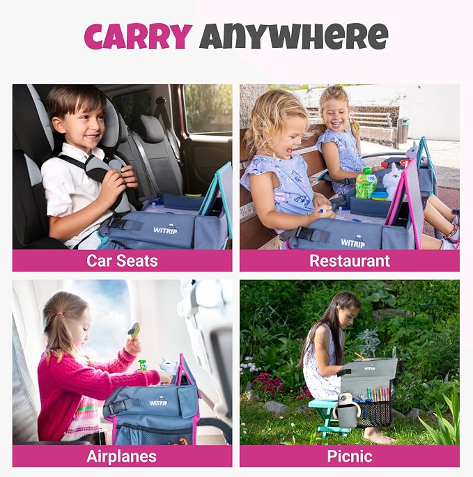 Kids Travel Tray with Dry Erase Board - Car Seat Tray for Kids Travel, Carseat Table Top for Toddler, Lap Desk for Car Seat, Activity Organizer & Snack Holder, Road Trip Essentials for Kid (Pink) - Image 6