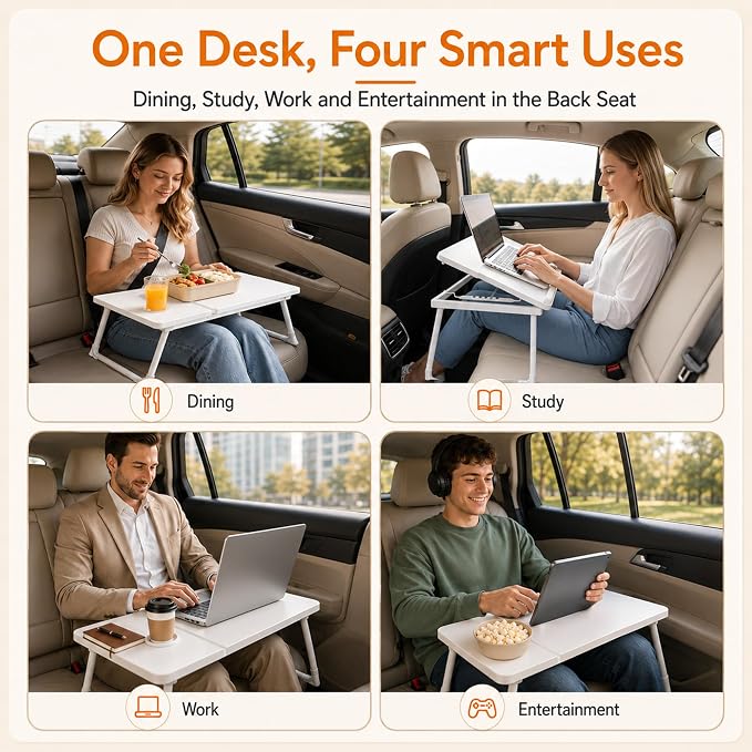 Car Desk for Laptop, Car Seat Table Tray with Cup Holder | Adjustable Car Desk for Travel, Eating, Laptop Work and Trips, Foldable Car Seat Table Organizer - Image 7