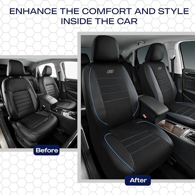 Skechers Air-Cooled Memory Foam Seat Covers,Mesh Thick Car Seat Covers,Piping Leather Car Seat Covers Front Seats,Airbag Compatible,Automotive Comfort Universal Fit Most Cars,Vans,Truck,SUV,Blue - Image 6
