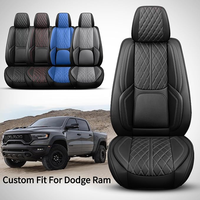 Car Seat Cover Custom Fit for Dodge Ram 1500 2500 3500 2002-2026 Faux Leather Seat Cover Set Compatible with Crew Quad Regular Cab Pickup Truck Cushions (Black, Front Seat) - Image 2