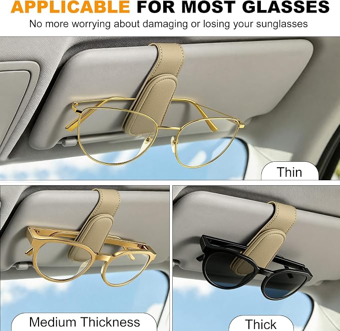 Sunglass Holder for Car Visor Magnetic Leather Visor Sunglasses Clip Eyeglass Hanger Clip for Car Sun Visor Beige 1 Pack - Image 4