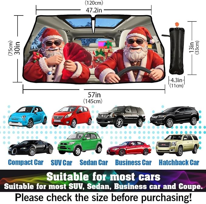 Fun Christmas Man Driving Car Windshield Sunshade Umbrella Christmas Sun Shade for Car Windshield Umbrella Upgraded Sunshades Blocks UV & Heat Front Window Shades for SUV Sedan Auto - Image 6