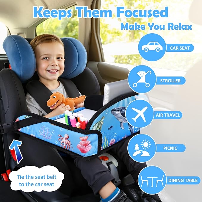 Toddler Car Seat Travel Tray FOR Road Trip Activities, Whale | Travel Tray With 16.7" x 13.4" Smooth Dry Erase Board, Cup holders, Ddjustable Strap & Shoulder Carry Strap - Image 6
