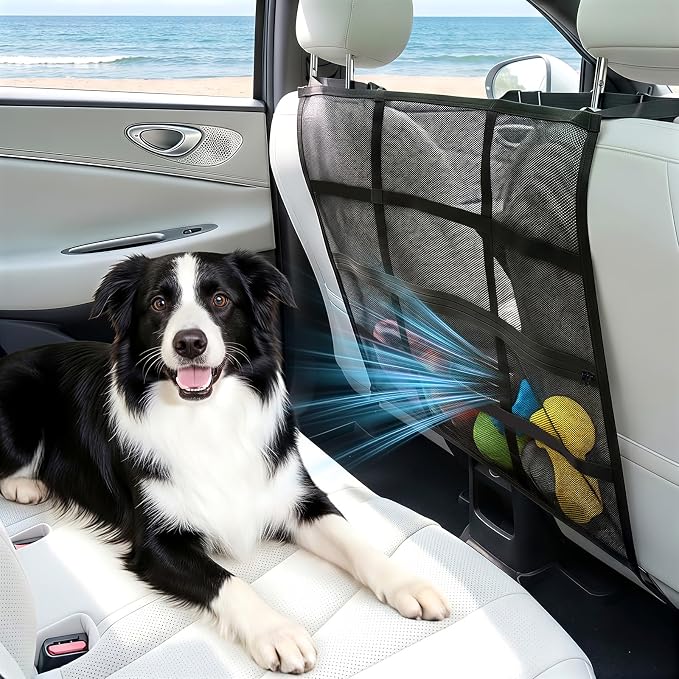 VavoPaw Dog Car Barrier, Car Net for Dog, Pet Barrier for SUV/Car/Truck | With Mesh Organizer, Scratch-Resistant, Large Barrier Area, Adjustable Strap, Sturdy Easy to Install,Car Divider for Backseat by VavoPaw