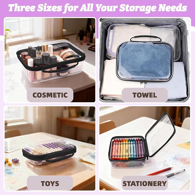 3 Pack Deep Clear Hard Shell Zipper Cases with Handle (Black) | Travel Toiletry Bag, Waterproof 1.2mm PET Hard Plastic Pouches, Organizer Box for Makeup, Toy, Snack, Stationery, Diaper - Image 4