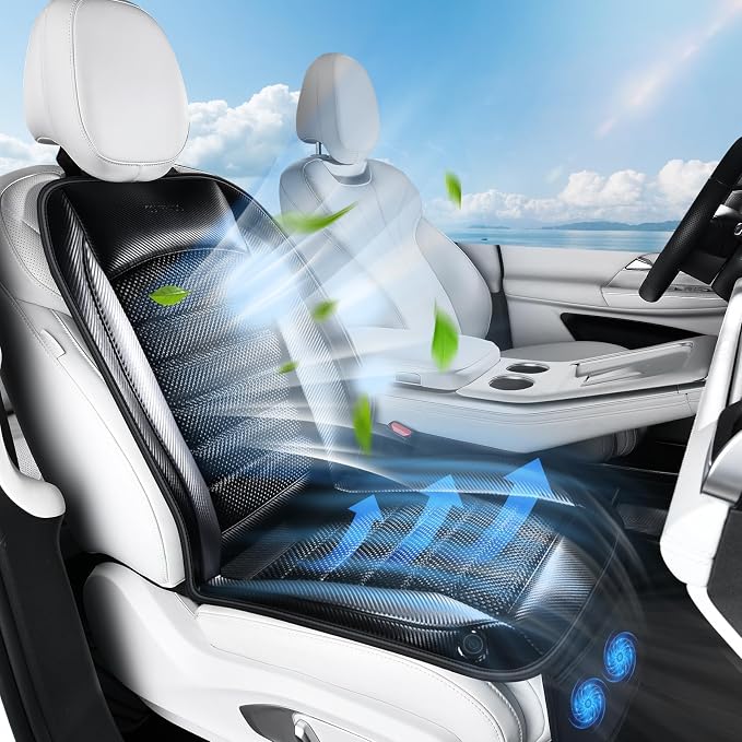 Coverado Cooling Car Seat Cover, Ventilated Seat Cushion with Dual Turbo Fans, 3 Wind Speed, Built-in USB Ports, Breathable Mesh & Carbon Fiber Fabric, Cooled Seat Cover Universal Fit for Cars, Gray by COVERADOAUTO