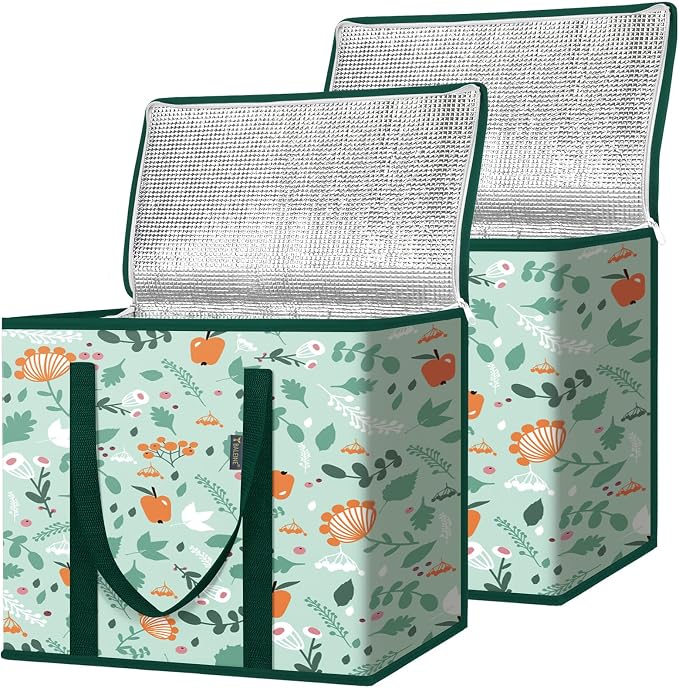 BALEINE 2Pk Insulated Reusable Grocery Bags, Collapsible Cooler Bag for Groceries, Heavy Duty Large Insulated Bag (16''x9''x13'', Spring Stroll) by BALEINE