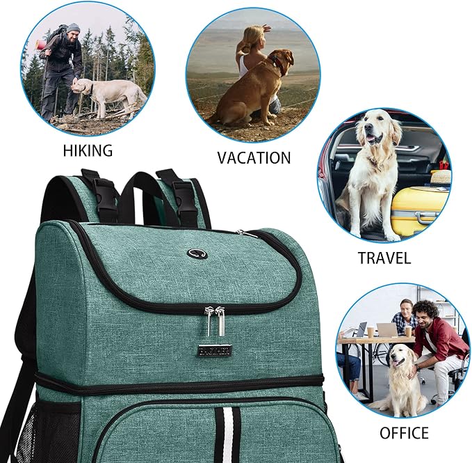 BAGLHER Pet Travel Bag, Double-Layer Pet Supplies Backpack (for All Pet Travel Supplies), Pet Travel Backpack with 2 Silicone Collapsible Bowls and 2 Food Baskets Green - Image 8