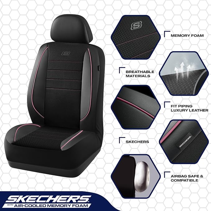 Skechers Air-Cooled Memory Foam Seat Covers,Mesh Thick Car Seat Covers,Piping Leather Car Seat Covers Front Seats,Airbag Compatible,Automotive Comfort Universal FitMost Cars,Vans,Truck,SUV,Pink - Image 3