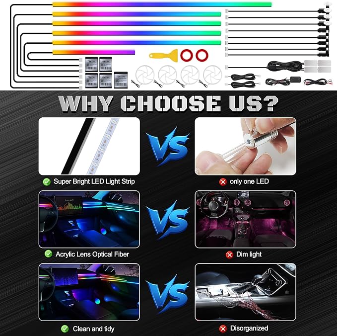 Dreamcolor Acrylic Interior Car LED Strip Light with Wireless APP, Dual Zone RGB 22 in 1 with 175 inches 600 LEDs Fiber Optic Ambient Lighting Kits, Music Sync Neon LED Strip for Car Accessories - Image 5