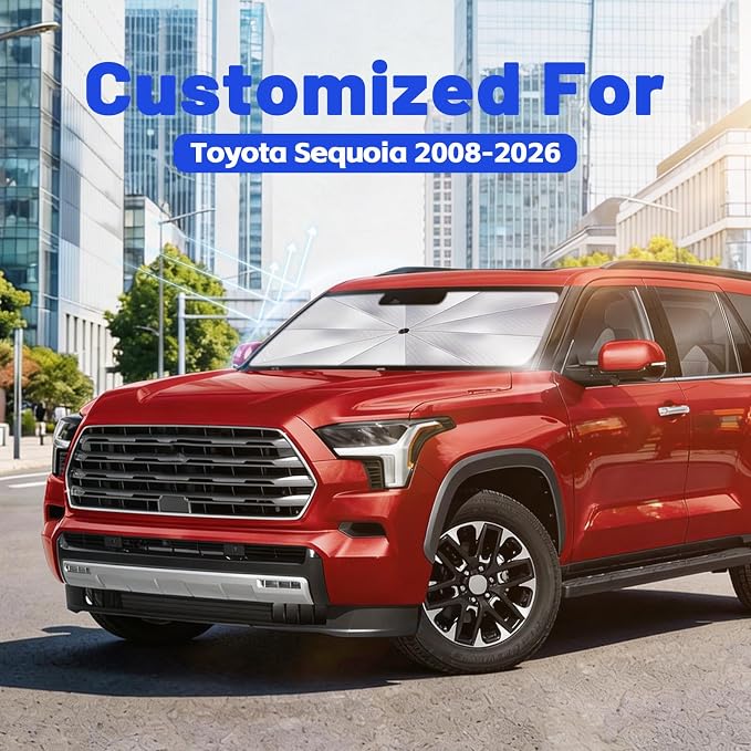 Car Windshield Sun Shade Umbrella for Toyota Sequoia 2008-2026, 1:1 Fit | [Reflective Coated Fabric] Car Shades Sun Visor Keep Car Cool and Protects Interior, Sunshade Umbrella for Front Window - Image 2