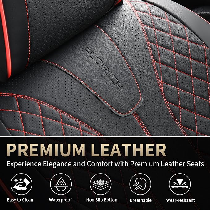 FLORICH Leather Car Seat Covers, Automotive Seat Cover 2 Pack Waterproof Seat Covers for Cars Driver Seat Cover Protectors Universal Fit for Most Cars SUV Trucks Vehicles, Black&Red Line - Image 5