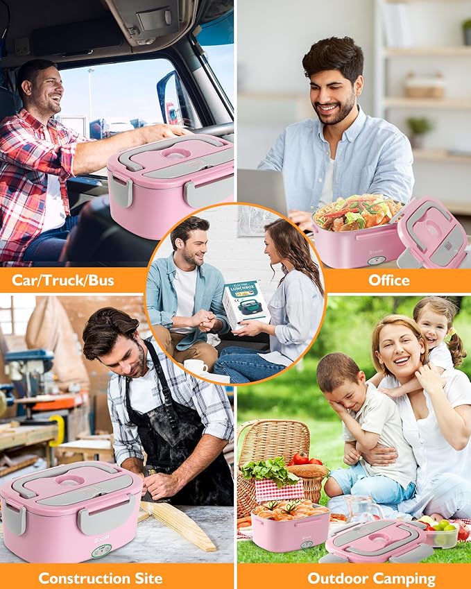 Eocolz Electric Lunch Box Food Heater 80-100W, Food Warmer with Dual Container 1.5L Portable Heated Lunch Box for Car Truck Work Stainless Steel Fork & Spoon 12/24/110V for Adults Lonchera Eléctrica - Image 4