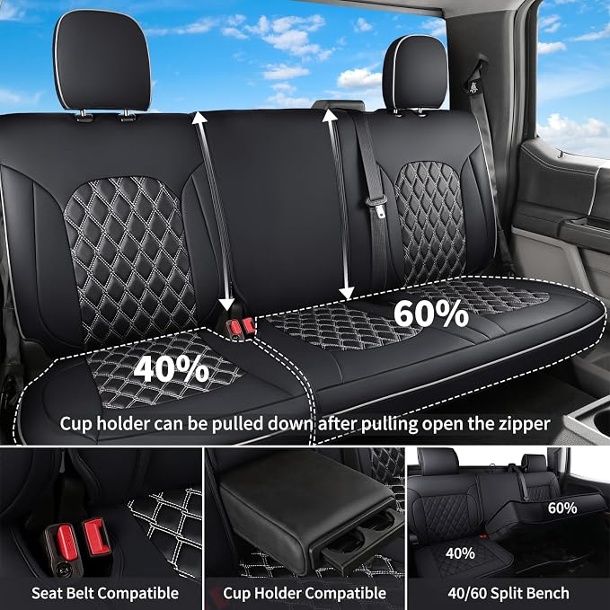 Huidasource Rear Car Seat Covers Fit for Ford F150, Automotive Car Seat Cushion Cover Fit for 2015-2026 F150 SuperCrew&2017-2026 F250 F350 F450 Super Duty Crew Cab Pickup(Back Row/Black&White) - Image 3
