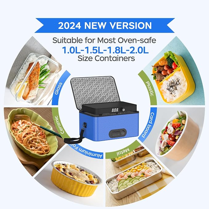 Portable Oven, 12V 24V 110V-240V Car Food Warmer Portable Personal Mini Oven Electric Heated Lunch Box for Meals Reheating & Raw Food Cooking for Road Trip/Camping/Picnic/Family Gathering(Blue) - Image 4
