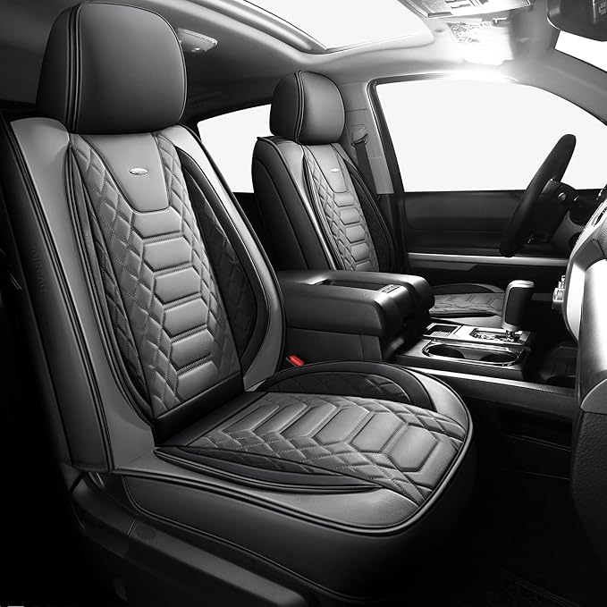 FREESOO Custom Leather for Toyota Tundra Seat Covers 2014-2021 Crewmax Cab | Custom Fit, Full Set, 60/40 Split Bench, Waterproof Faux Leather, for Truck Toyota Tundra Accessories, BlackGrey by FREESOO