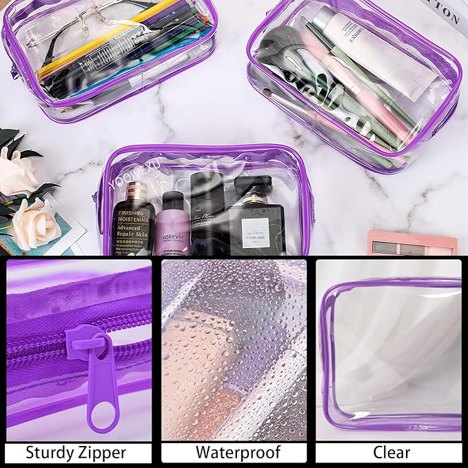 12 Pack Clear Makeup Bag, TSA Approved Toiletry Bag Zippered Clear Cosmetic Pouch, Waterproof Vinyl Plastic Organizer Case for Travel Vacation Bathroom (Purple) - Image 3