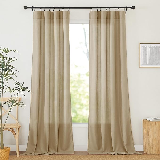 RYB HOME Linen Sheer Curtains 2 Panels for Living Room, Semi Transparent Privacy Drapes with Rod Pocket Farmhouse Style Window Treatments for Bedroom, Camel, 52" W x 102" L by RYBHOME