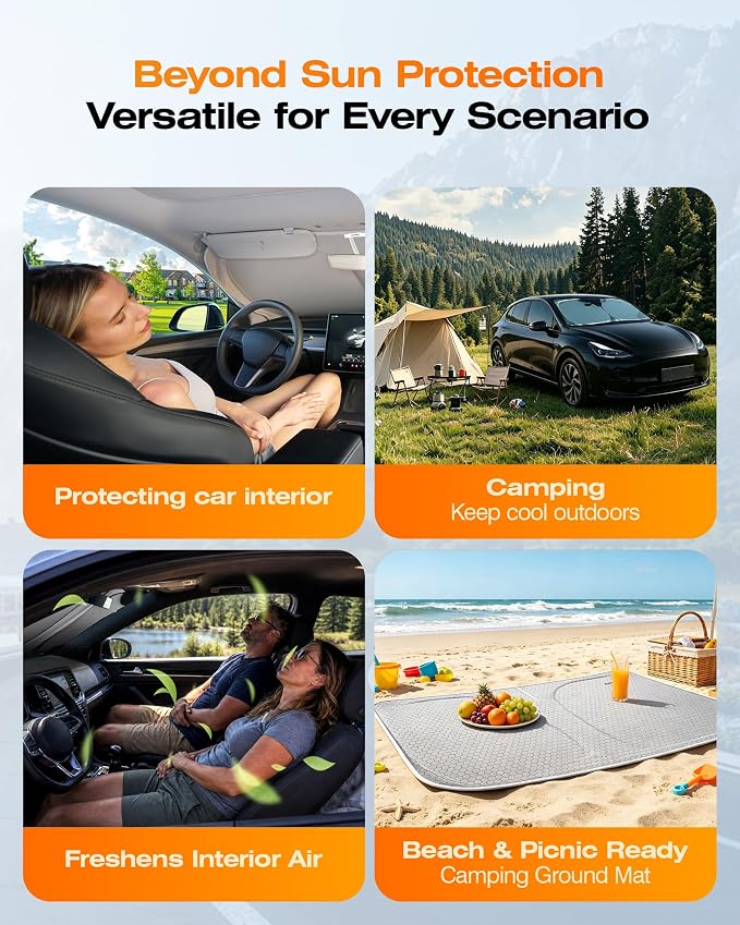 Windshield Sun Shade for Tesla Model 3/Y 2014-2026, Foldable, Car Accessory | Graphene Activated Carbon, Odor-Absorbing, UV and Heat Blocking, Storage Bag Included, Helps Keep the Parked Interior Cooler - Image 8
