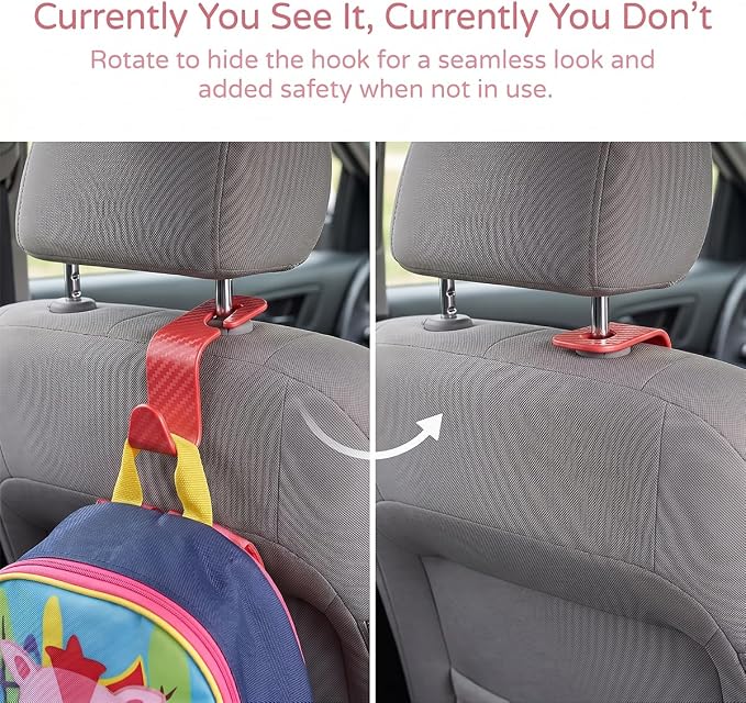 4 Pack Headrest Hooks for Vehicle Seats, Carbon Fiber/Red | rear-row hanging storage, supports bags coats and groceries, fits matching headrest posts, interior accessory - Image 5
