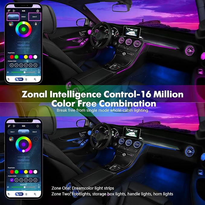Dreamcolor Acrylic Car Interior Lights 18 in 1 RGB Car Ambient Lighting Kit APP Control Zoned Control System 252 Color Modes DIY 16 Million Colors Music Sound Active Neon Light Kits New Version - Image 2