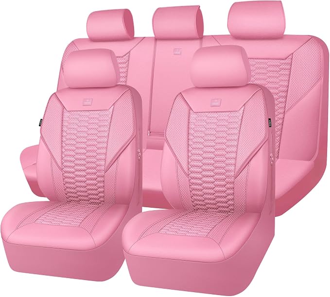 CAR PASS 3D Foam Mesh Leather Car Seat Covers Full Set, Pink Breathable Mesh Faux Leather Seat Covers for Women, Universal Fit for Car SUV Truck Sedan Automotive, Armrest Airbag Compatible, All Pink by CARPASS
