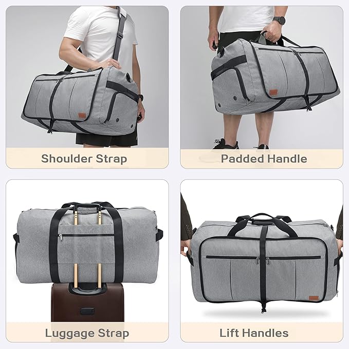 80L EXTRA LARGE Foldable Waterproof Travel Duffle Bag for Men and Women | with Shoe Compartment, Gray, 26" Duffel Bags for Weekender Gym Sport, Tear Resistant - Image 6