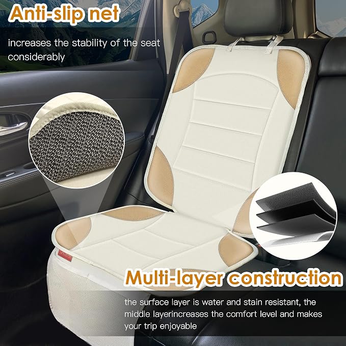 Sinvitron Car Seat Protector for Child Car Seat - Waterproof Non-Slip Leather Mat with 2 Mesh Pockets, Universal Seat Cover for Baby, Pets & Vehicles (1-Pack, Off-White) - Image 2
