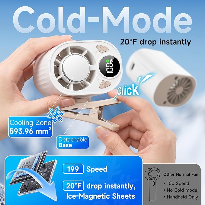 Foluu Clip On Fan, 199 Speeds Portable Mini Fan, 18000RPM USB Rechargeable Cooling Personal Fan with LED Display, 360° Rotation Turbo Fan for Car, Umbrella, Waist, Outdoor Camping, Travel Matte White - Image 2
