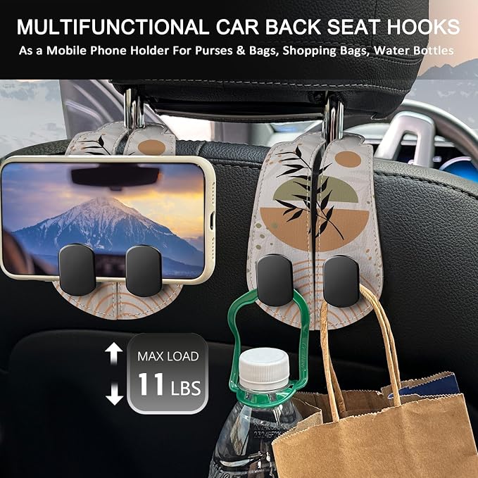 Blusabaca 2PCS Car Seat Headrest Hooks, Purses Bags Holder, Boho Leaves | PU Leather, Double Metal Back Storage Hangers for Grocery Bags Handbags Bottles Coats Phones, Car Accessories Organization - Image 3