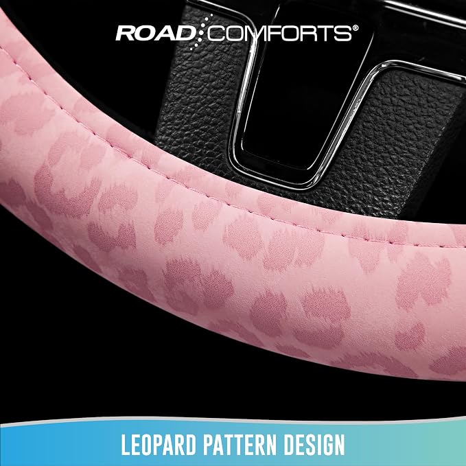 Road Comforts Leopard Steering Wheel Cover for Women, Cute Anti-Slip Microfiber Leather, Universal Fit 14.5-15 Inch Round Steering Wheel - Full Pink - Image 4