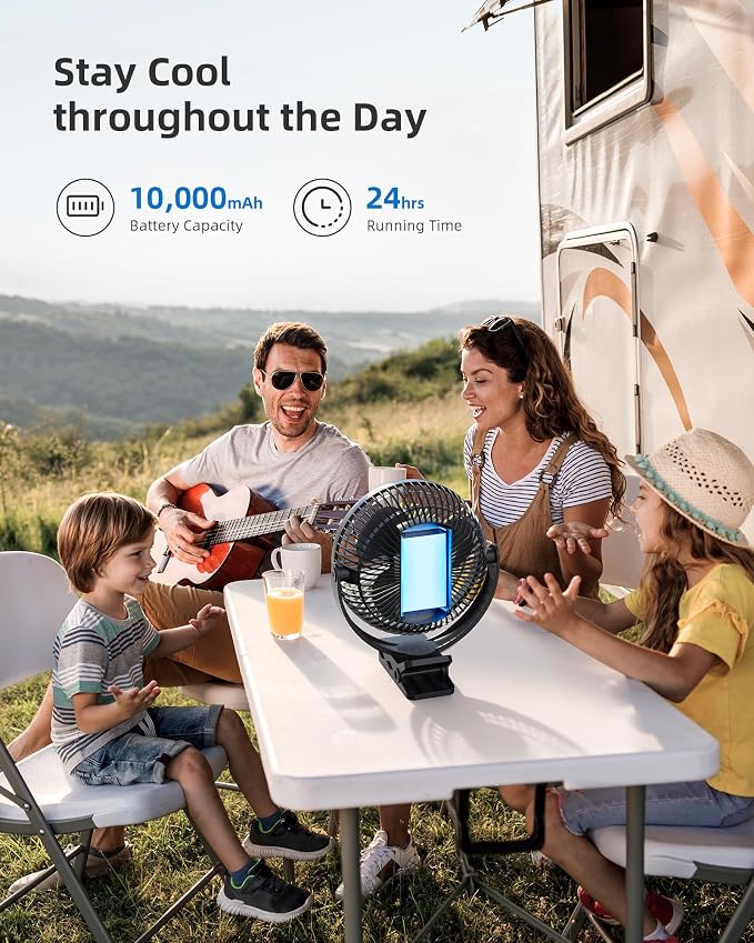 Koonie 8" Clip on Fan, 10000mAh Rechargeable Battery, Strong Airflow | 4 Speeds, Sturdy Clamp, Ideal Portable USB Desk Fan for Office, Golf Cart, Camping, Travel, Tent, Outdoor, Treadmill & Gym - Image 4