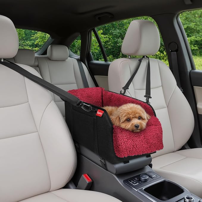 BurgeonNest Center Console Dog Car Seat for Small Pets to 11lbs, Red | Anti-collapse armrest Console seat with washable fluffy cushion, pillow & tether for stable, cozy pet travel trips. by Lifelongfriendsbelovedfamily