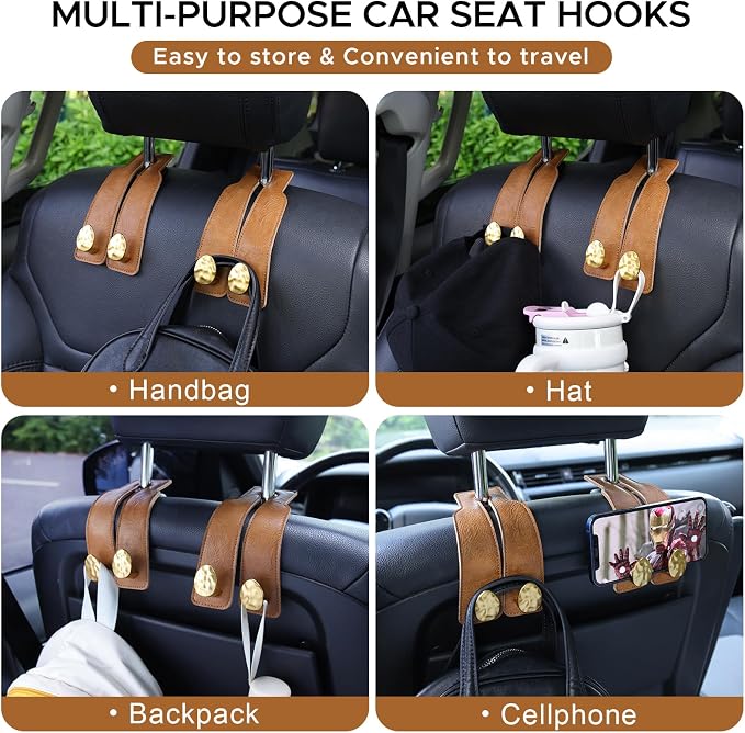 2PCS Leather Car Seat Hooks for Headrest, Vehicle Hanger Storage Organizer Universal for Handbag Purse, Car Accessories Gift (Brown-Gold) - Image 7