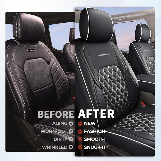 Huidasource Wrangler JL Seat Covers 4 Door 2018-2026 Without Rear Cupholder | Waterproof Wrangler Seat Cover Full Set, Custom Seat Cushion Covers Fit for Jeep Wrangler JL 4-Door (Full Set/Black&White) - Image 4