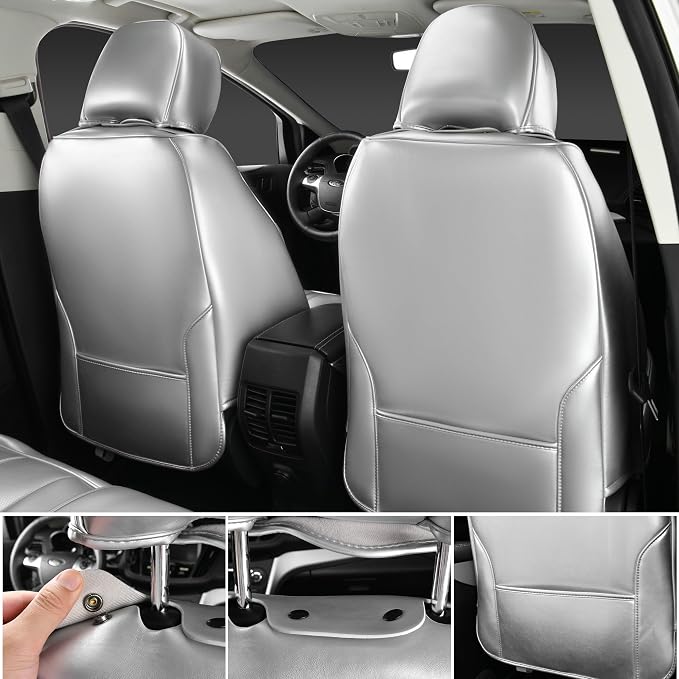 CAR PASS Ultra+ Nappa Leather Car Seat Covers Full Set Universal Cushioned, Soft Breathable Waterproof Anti-Slip Driver Seats and Backrest for SUV Pick-up Truck Sedan, 5 Seats Margiela Solid Silver - Image 7