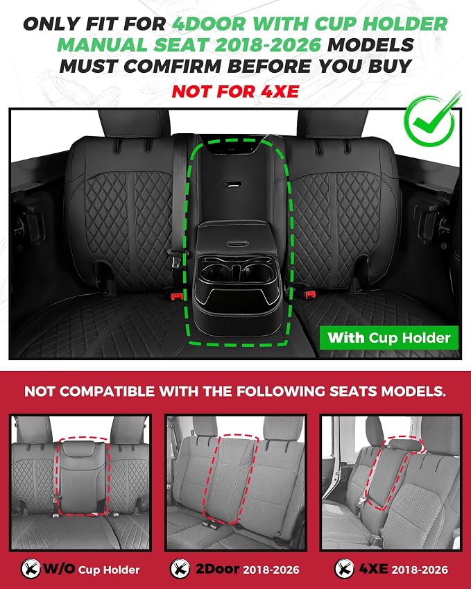 RIDEPOSH for Jeep Wrangler Leather Custom Car Seat Covers Full Set 4 Door | 2018-2026 JL, with Rear Cup Holder, Not for 4XE, Luxury Waterproof Protector, 40/60 Spilt, 5 Seats, Full Coverage, Durable - Image 2
