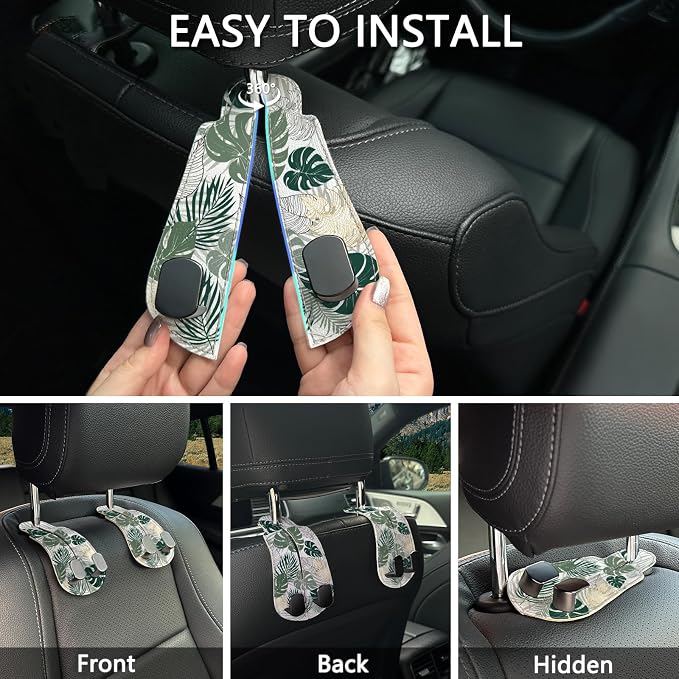 Blusabaca 2PCS Car Seat Headrest Hooks, Purses Bags Holder, Tropical Leaf | PU Leather, Double Metal Back Storage Hangers for Grocery Bags Handbags Bottles Coats Phones, Car Accessories Organization - Image 6