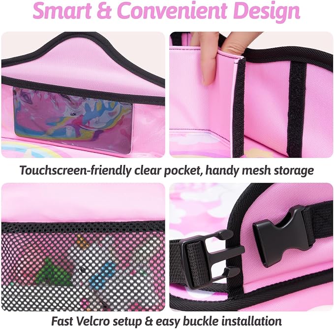 Kids Travel Tray for Car, Girl's Safety Seat Table | Weight-Relief Strap, Non-Skid Silicone Base, Waterproof Dining/Craft Mat, Carseat/Airplane Lap Desk - Image 6