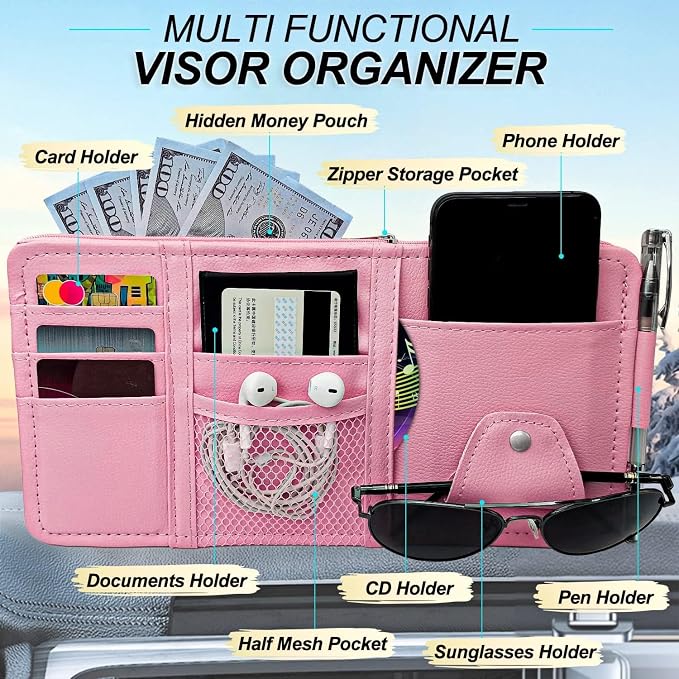 Keedolla 2 Pack Car Sun Visor Pocket Organizer, Auto Interior Accessories Car Truck Visor Organizer Storage Pouch Case Bag for Cards, Pens and Documents - Pink - Image 2