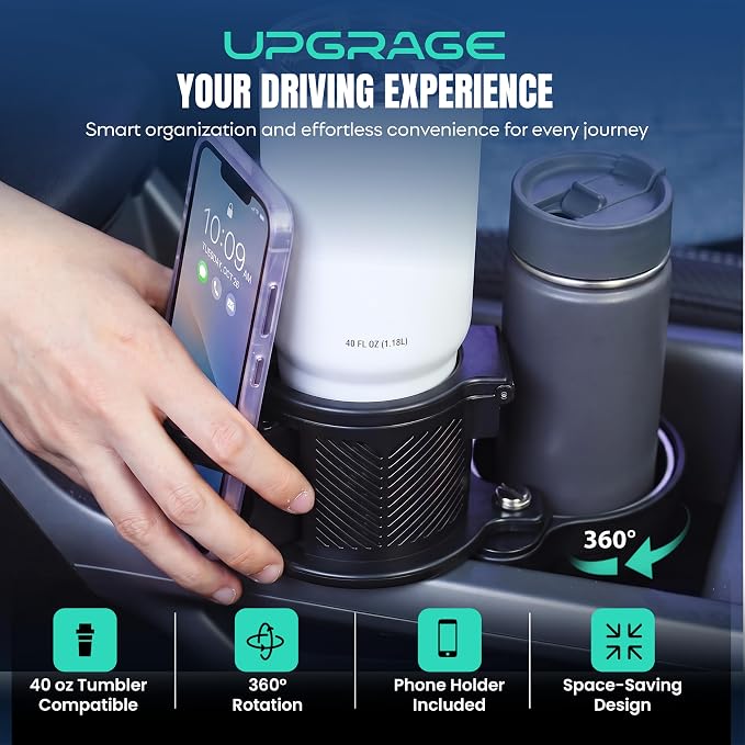Car Cup Holder Expander with Phone Holder, 360° Adjustable Cup Holder Extender, Upgraded Stainless Steel Liner, Fits 40 oz Tumblers, Water Bottles, Coffee Cups and Large Drink Containers - Image 3
