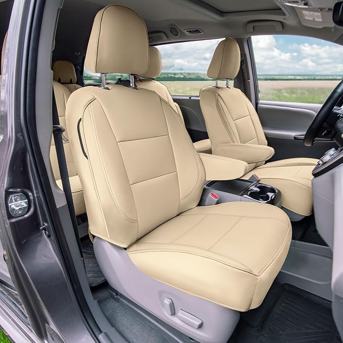FH Group Custom Fit Car Seat Covers Specifically Made for 2011-2020 Toyota Sienna 7 Passenger, Car Seat Cover Full Set, Automotive Seat Covers in Solid Beige Faux Leather, Waterproof and Washable - Image 2
