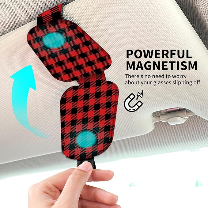 Leather Magnetic Sunglass Holder for Car Sun Visor, Cute Eyeglass Ticket Card Hanger Clip, Universal Auto Interior Accessories for SUV Pickup Truck Red Plaid - Image 3