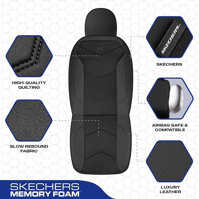 Skechers Memory Foam Seat Covers,Leather Car Seat Covers, Ultimate Comfort & Support Front Seat Covers Airbag Compatible, Automotive Universal Fit Most for SUVs, Vans, Sedans, Cars, Trucks,Black - Image 3
